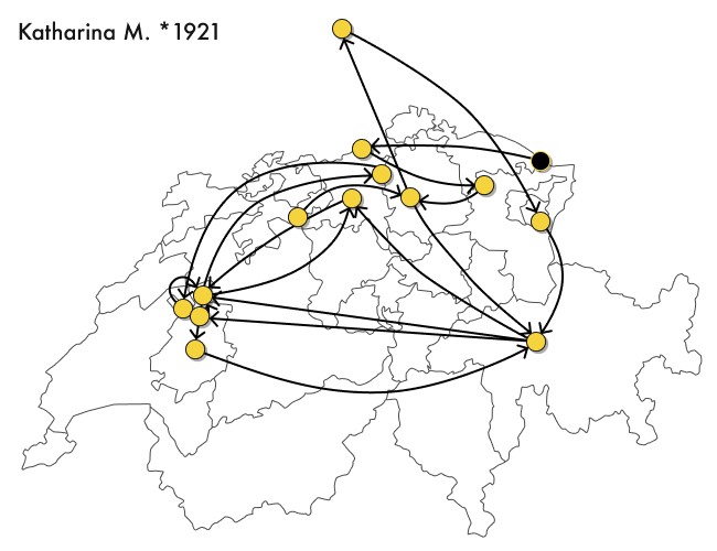 Die Karte zeigt die verschiedenen Stationen von Katharina M. quer durch die Deutschschweiz und bis nach Duetschland.