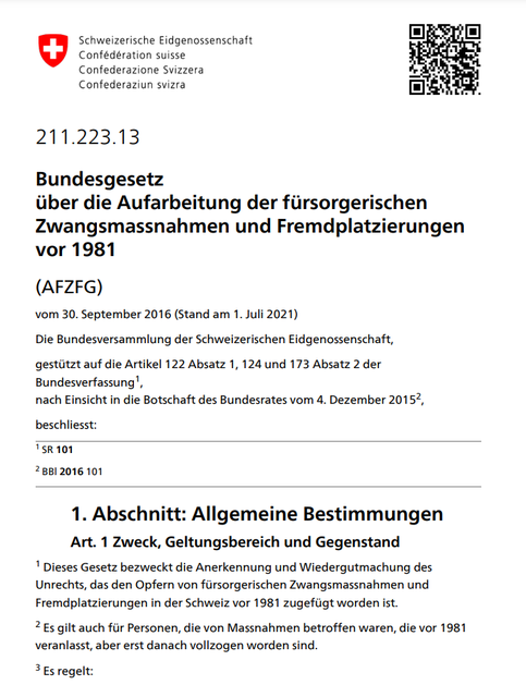 Abbildung des ersten Abschnitts des «Bundesgesetzes über die Aufarbeitung der fürsorgerischen Zwangsmassnahmen und Fremdplatzierungen vor 1981».