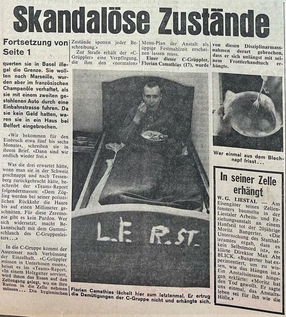 Abbildung  Schweizer Tageszeitung «Blick» mit dem Titel «Die Erziehungsanstalt macht uns erst recht zu Gangstern» vom 12. August 1970, Seite 2.