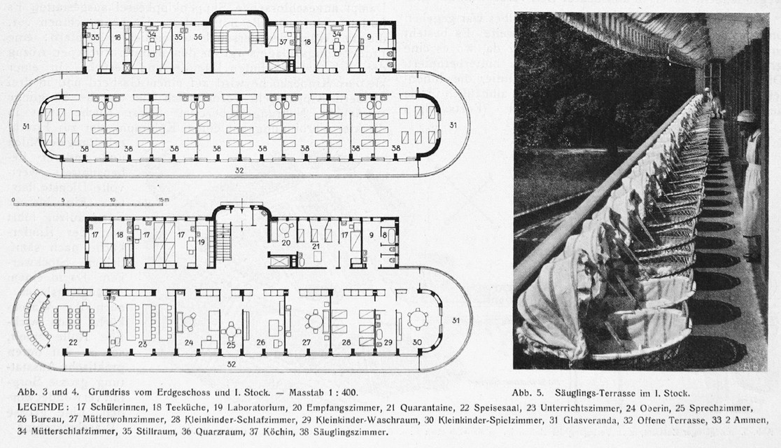 Abbildung eines Auszugs der Wettbewerbsskizzen. Auf der linken Seite ist ein Grundriss abgebildet, auf der rechten Seite stehen eine grosse Zahl Babykörbe in Reih und Glied platziert.