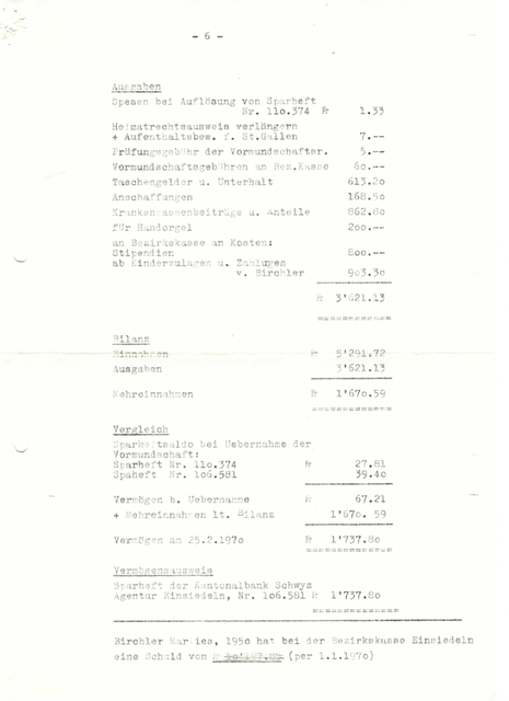 Die Abbildung zeigt die Originalrechnung des Bezirks Einsiedeln an MarieLies Birchler vom 21. März 1970. Mit Erlangung der Volljährigkeit sollte sie über 10’000 Franken für ihre Versorgung an die Bezirkskasse zurückbezahlen.