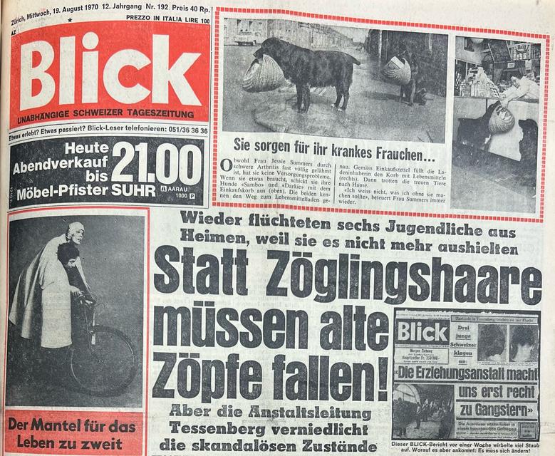 Titelseite der Schweizer Tageszeitung «Blick» mit dem Titel «Statt Zöglingshaare müssen alte Zöpfe fallen» vom 19. August 1970, Seite 1.