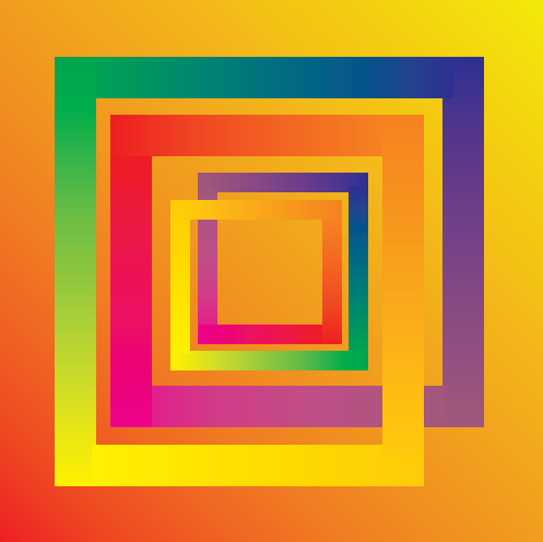 Das Bild zeigt die typische Bildsprache von Afra Flepp. Eine quadratische, endlose Spirale füllt den Raum. Feinste Farbübergänge verändern sie von gelb nach grün ins blau zu violett, rot und von orange wieder ins Gelbe. Die feinen Farbübergänge sind entstanden durch eine Airbrush-Technik mit Acrylfarbe.